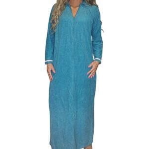 Vintage Pajama Dress Womens Medium Blue Turquoise Embroidered Nightgown Zip USA